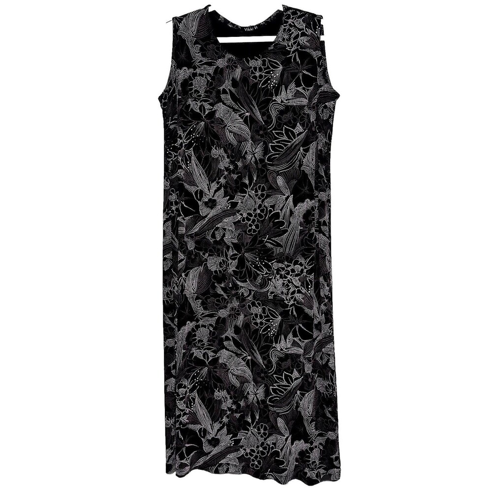 Vikki Vi Black Purple Floral Travel Knit Midi Dress L Sleeveless